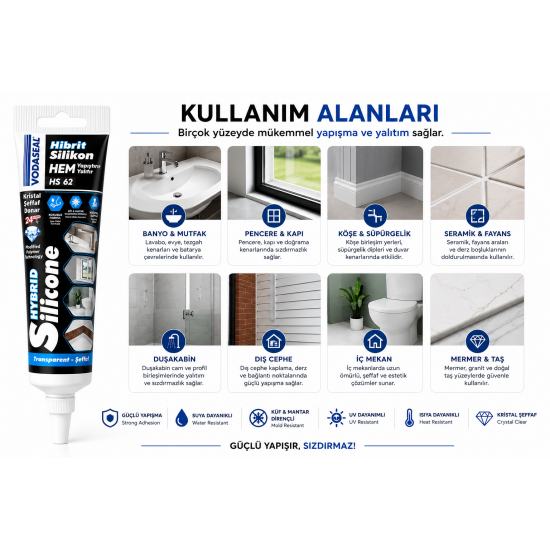 VODASEAL HS62 Hibrit Silikon Şeffaf – Yapıştırıcı & Yalıtım Silikonu