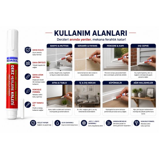 VODASEAL Derz Yenileme Kalemi Beyaz – Pratik Derz Boyama ve Yenileme Kalemi