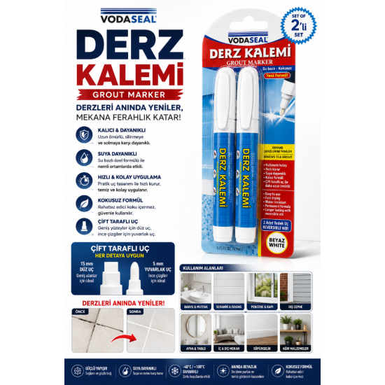 VODASEAL Derz Kalemi 2'li Set Beyaz – Fayans ve Seramik Derz Yenileme Kalemi