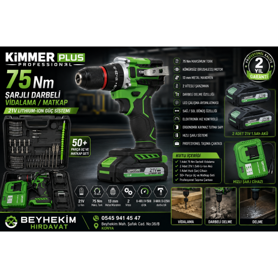 KIMMEER PLUS 21V Akülü Vidalama Kömürsüz Motor Şarjlı Matkap