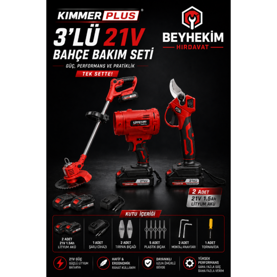 KİMMER PLUS 3'lü 21V Şarjlı Bahçe Bakım Seti