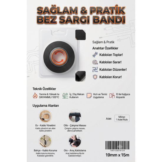 VODASEAL Kendinden Yapışkanlı Bez Sargı Bandı 19 mm x 15 Metre