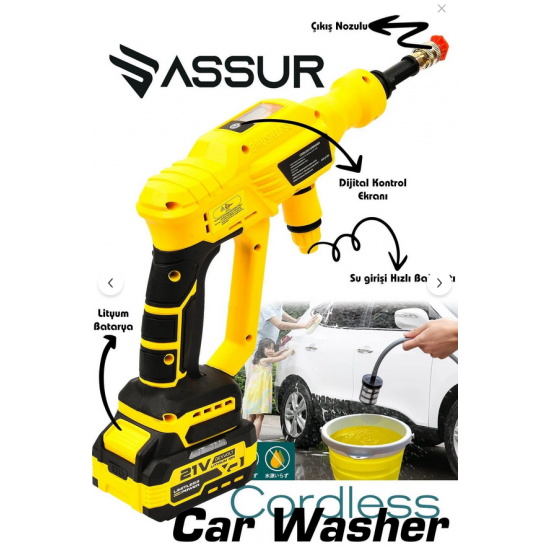 ASSUR 21v Kömürsüz Motor Yüksek Basınçlı Akülü Oto Araba Yıkama Makinesi Şarjlı