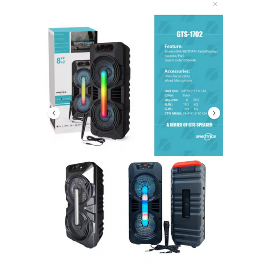 GTS-1702 Taşınabilir  Bluetooth Mikrofonlu RGB Işıklı 8X2 inç Hoparlör Fm Radyo Usb Tf kart