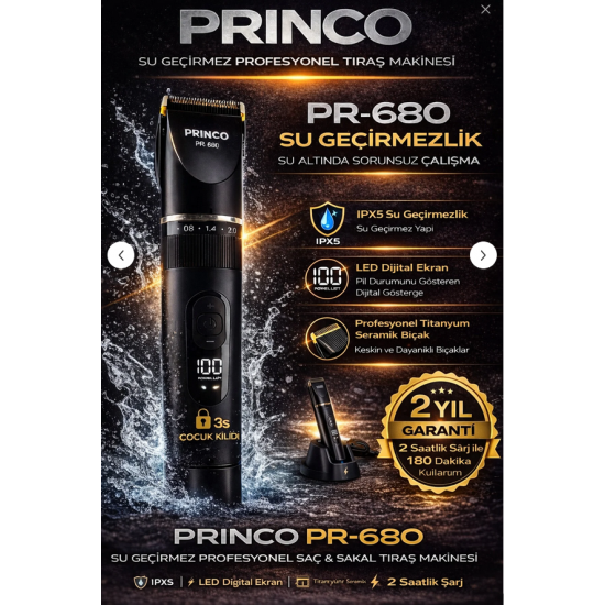 Princo ISLAK KURU ŞAÇ SAKAL TIRAŞ MAKİNASI PR-680 3s Çocuk Kilitli