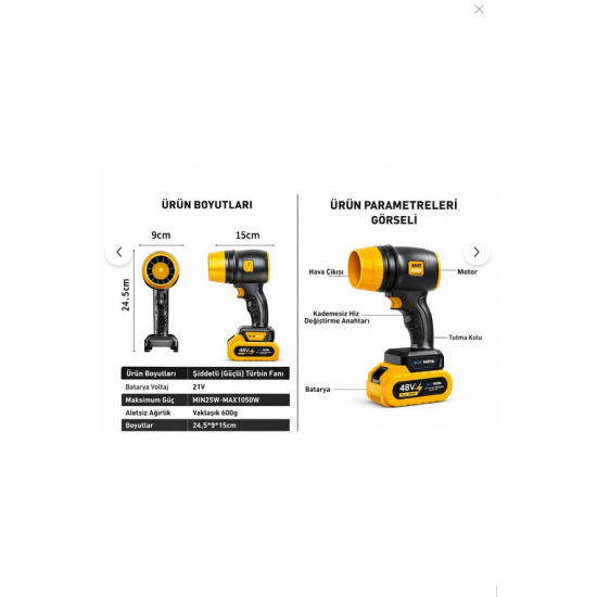 BLUE İNTER 48V 1200MAH 34000RPM 0.6 KG ŞARJLI KABLOSUZ TÜRİBİN TİPİ TURBO FAN ÇOK AMAÇLI YAPRAK ÜFLEYİCİ