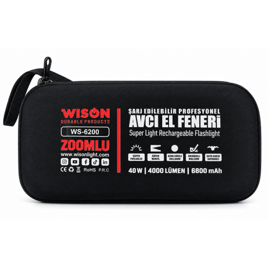 Wison WS-6200 Şarj Edilebilir Profesyonel Avcı El Feneri 4000 Lümen 6800 mAh Type-C Şarjlı