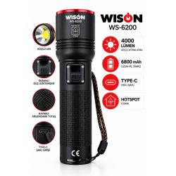 Wison WS-6200 Şarj Edilebilir Profesyonel Avcı El Feneri 4000 Lümen 6800 mAh Type-C Şarjlı