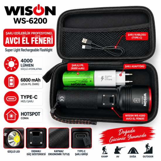 Wison WS-6200 Şarj Edilebilir Profesyonel Avcı El Feneri 4000 Lümen 6800 mAh Type-C Şarjlı