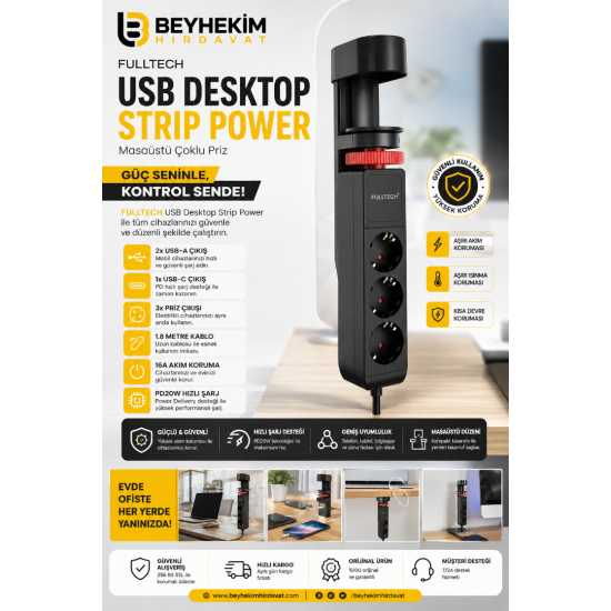 AKIM KORUMALI ÇOKLU PRİZ FULLTECH USB DESKTOP STRIP POWER